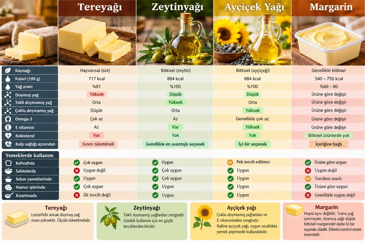 kalbursamantr's tweet photo. Margarin bir zamanlar çok pohpohlandı ve tereyağı yerine tercih edilmeye başlandı.  

Sonrasında ise  tam aksi istikamette çok zararlı olduğu yönünde bir kanaat oluştu. 

Biz de yapay zekadan tereyağı, zeytinyağı, ayçiçek yağı ve margarini karşılaştırmasını istedik. 

Margarin konusunda "etkileri ürüne göre değişir." diyerek topu taca attı.

Siz ne düşünüyorsunuz?