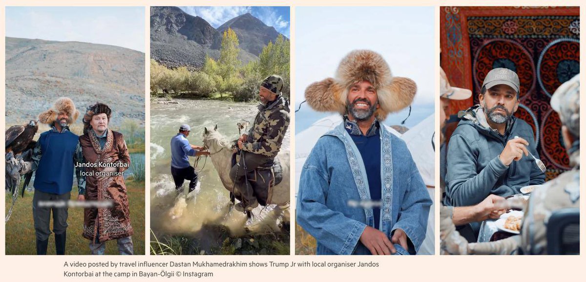 rshereme's tweet photo. Trump’s son secretly went on vacation with a Putin’s oligarch: The two went hunting together in Mongolia this August.

Donald Trump Jr. arrived in Mongolia accompanied by the U.S. Secret Service and Republican donor Kevin Small. Later, Umar Kremlev flew in from Kazakhstan to join him, accompanied by businessman Artur Martirosov.

As a reminder, Kremlev reportedly previously paid for Trump Jr.’s wedding in the Bahamas in secret.

And we wonder why Trump is pro-russian?!

Source: Financial Times