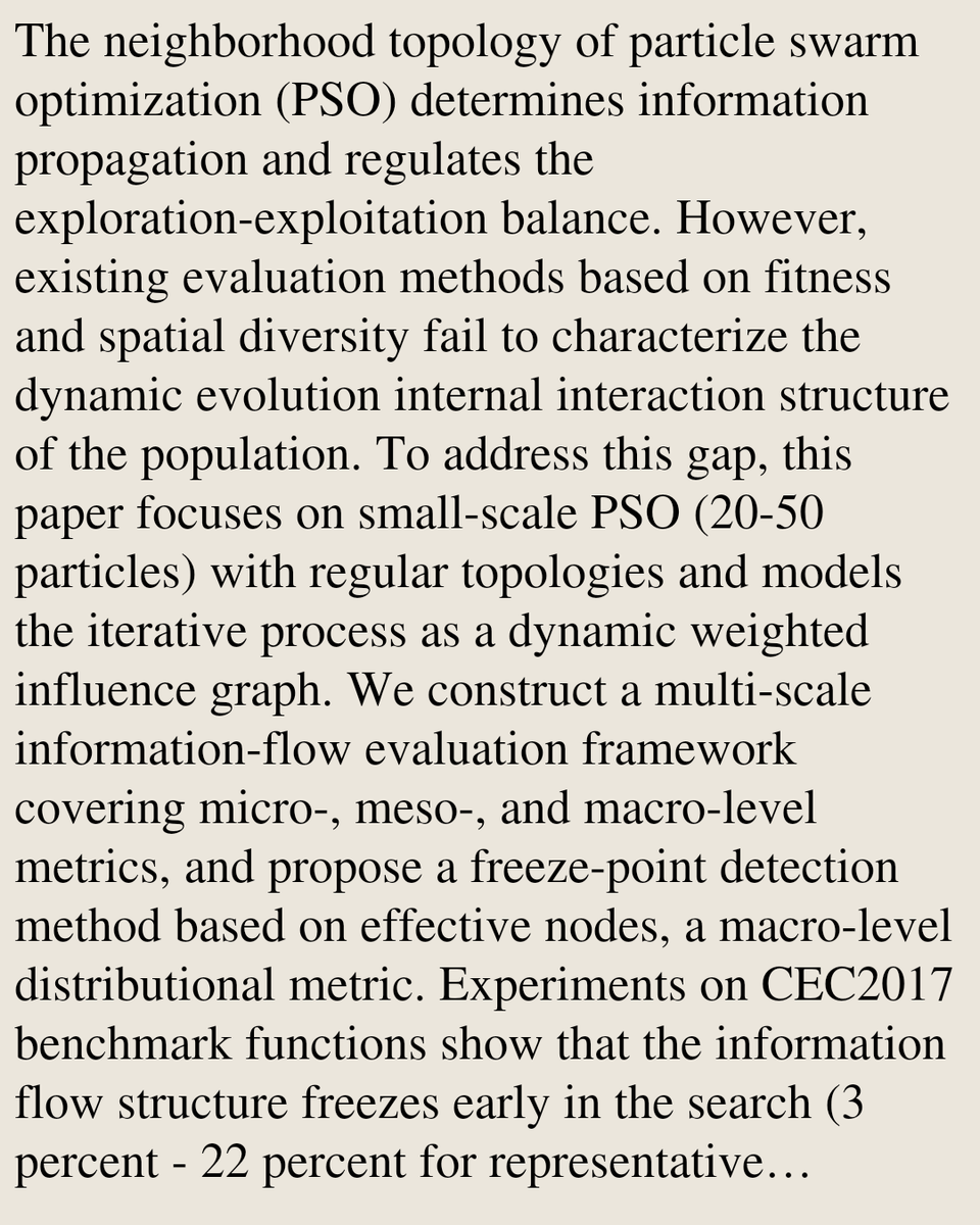 TAL's tweet photo. Freezing Mechanism and Topology Dependence of Information Flow Structure in Small-Scale Particle Swarm Optimization

Zhenglong Xiang, Hongrun Wu, Yu Xue, Fei Yu, Yuanxiang Li
https://t.co/YNub2W4lYh [𝚌𝚜.𝙽𝙴]
💬Submitted to Swarm and Evolutionary Computation (Under Review) https://t.co/D1EU8pMVeA