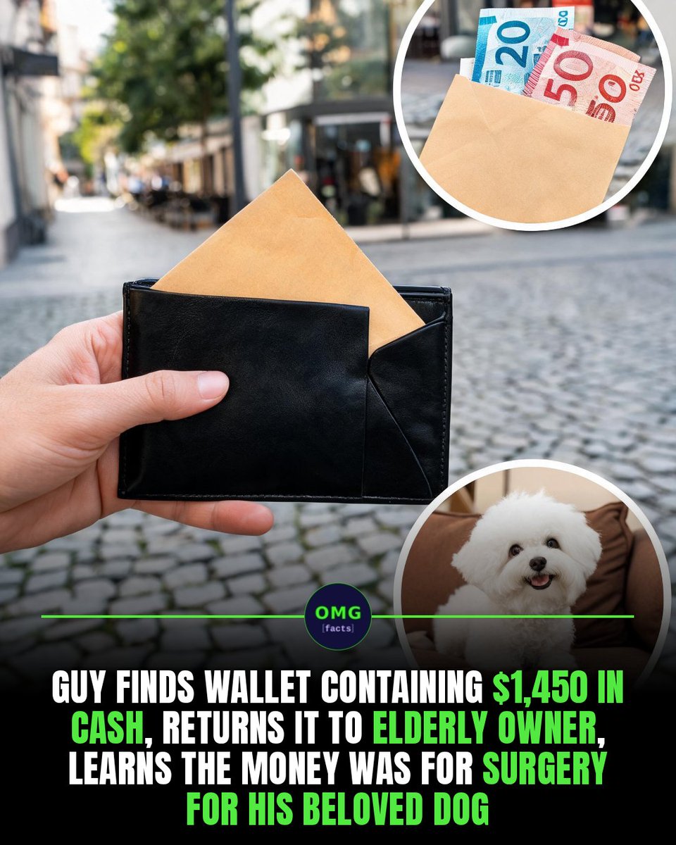 OMGFacts's tweet photo. 💰 Man returns lost wallet with 1,300 Euros.

Sergio tracked the owner despite his own money woes.

Honesty saved a dog's life.

Sources: Reddit

#omgfacts #Kindness #Dogs #Wholesome https://t.co/uA3noKtHhR