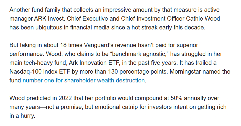 EconomicManBlog's tweet photo. Here is your periodic reminder (from the WSJ this time) that @CathieDWood and @ARKInvest are among the most incompetent fund managers on the planet: 18X the fees of Vanguard's low cost ETF to lag an index by 130%.

A typical Tesla bull: a moron. https://t.co/wr5J33KuZe