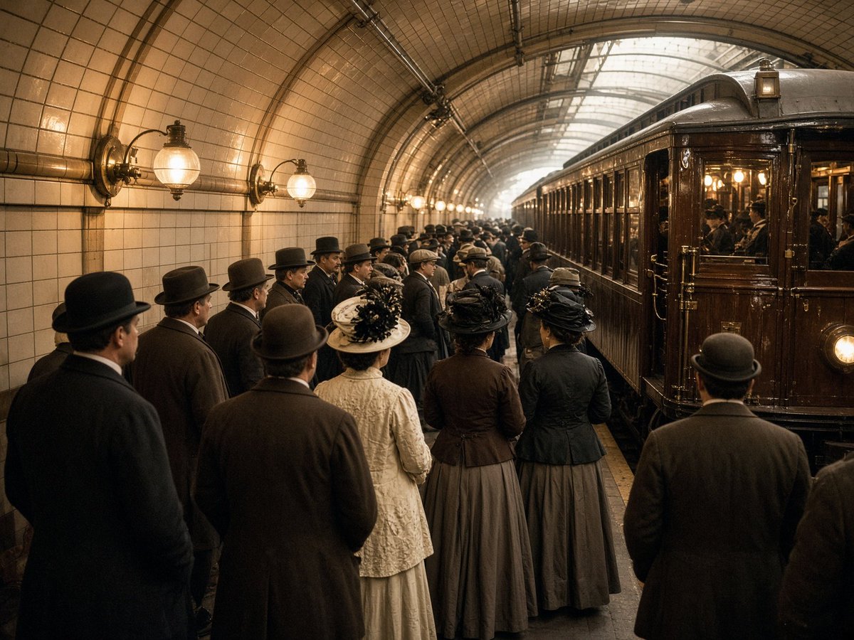 LostWorldsAI's tweet photo. On this day in 1904, New York opened its first subway. 🚇

The ride cost 5 cents, and more than 100,000 people rode it the first night.

The mayor was only supposed to start the first train. He liked it so much he refused to give up the controls and drove it himself.

(AI imagination) #history #OnThisDay #NYC