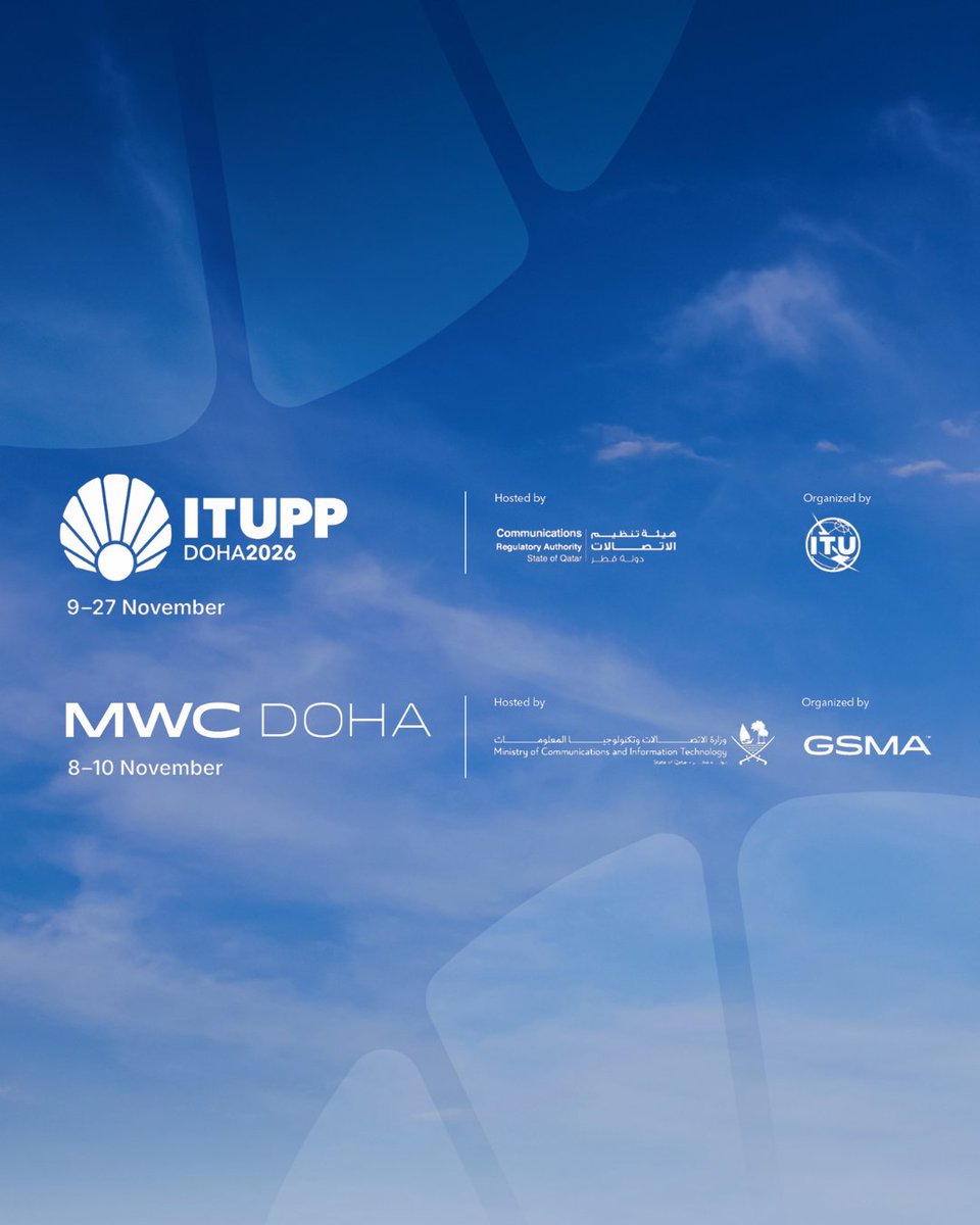 ITU's tweet photo. Did you know? In a world-first co-location, @ITU #Plenipot-26 and @GSMA #MWC26 will bring together governments, institutions and industry leaders shaping the digital sector under one roof.  Register today and be part of this unique gathering in Doha!
https://t.co/n57t204Mt3 https://t.co/oIb8cJmGaw