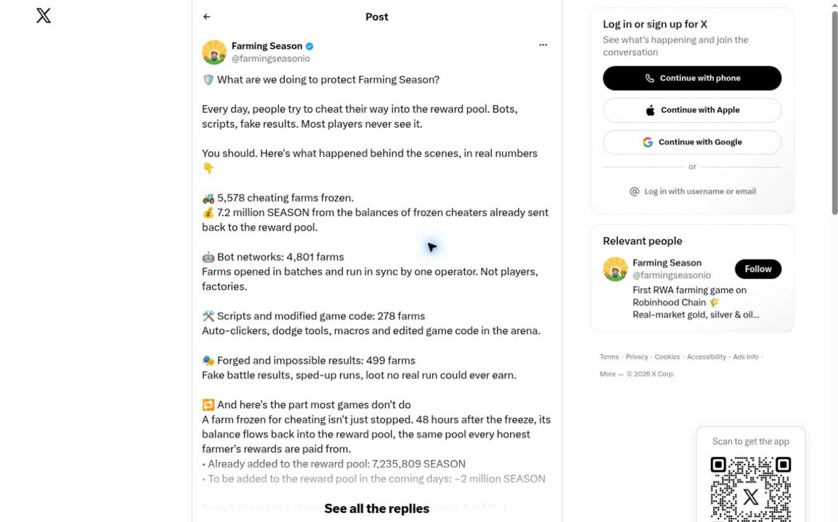 yinweb3ai's tweet photo. @farmingseasonio Anti-cheat now feeds the same system:

🚜 5,578 farms frozen
🌾 7,235,809 SEASON returned to the pool
⏳ ~2M more pending

Smart response to a real sustainability problem—but execution matters.

I’ll track the payout share and pool balance. Would you keep farming? 4/4 https://t.co/kb5G9yg4bZ
