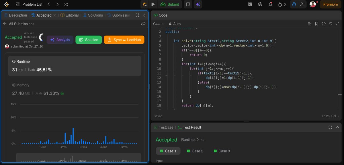 PremNavnat56636's tweet photo. π Day 271 of my DSA Journey! π»
π Today's Problem: Longest Common Subsequence (LCS)
One problem at a time, one step closer to the goal. π―
#Day271 #100DaysOfCode #DSA #LeetCode #DynamicProgramming #CPP #CodingJourney #KeepLearning https://t.co/PpNYWpLKyp