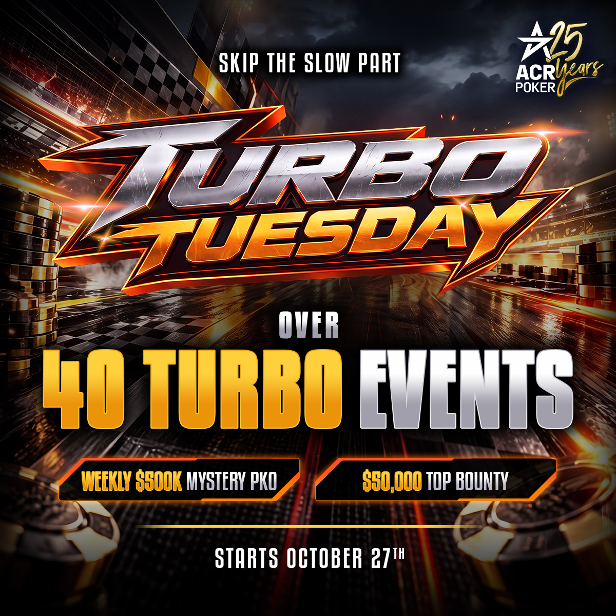 BigHuni's tweet photo. Turbo Tuesdays are live at @ACR_POKER
40+ turbos today. $500K Mystery PKO every week and a $50K top bounty sitting in it.
Fast fields, short late reg. In and out, no all-day grind.
#acrpoker https://t.co/8eeKNnchCp