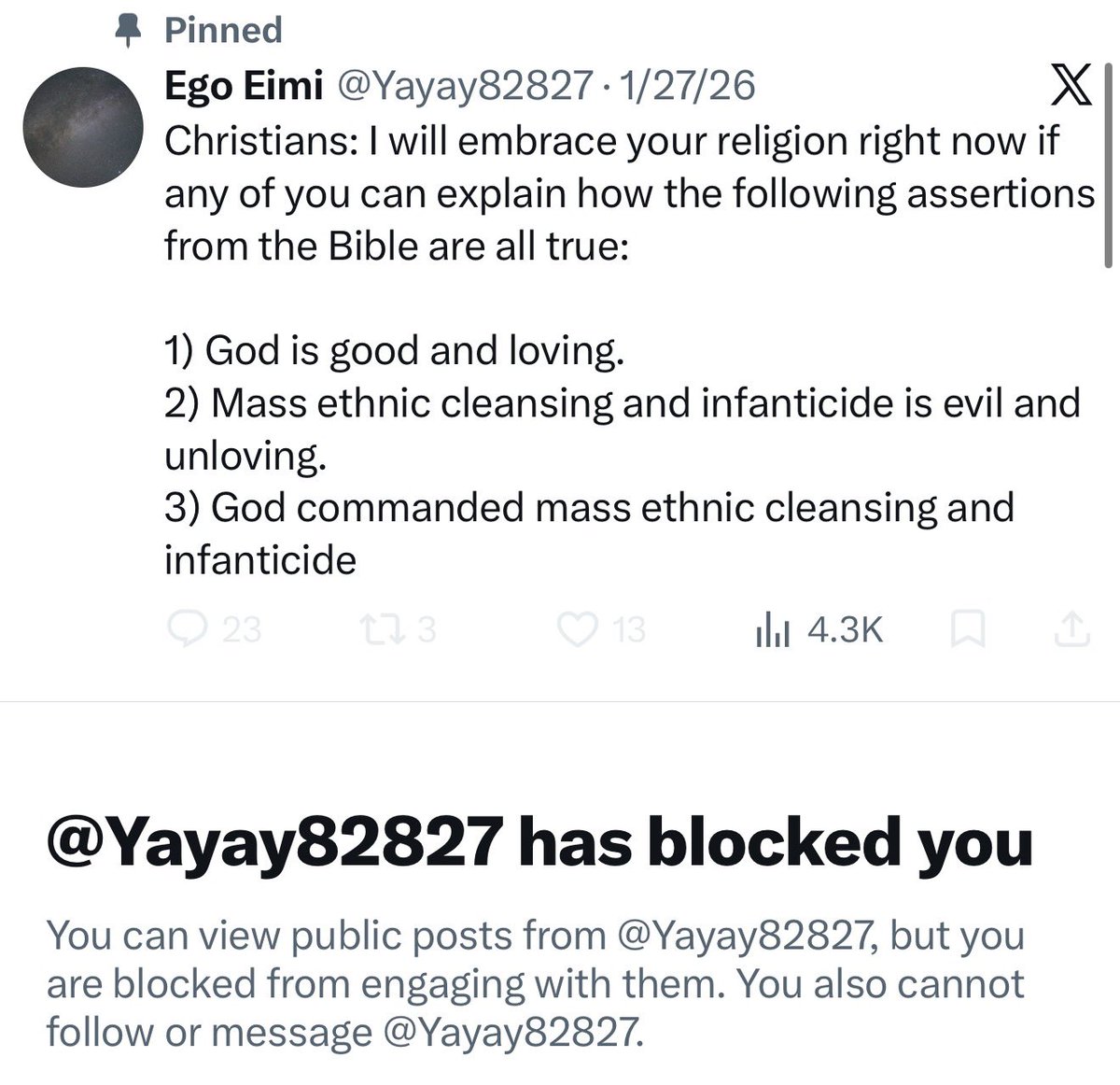 NotTheBaptizer's tweet photo. @TentSpike @onegospel2021 @Yayay82827 @mdwfmom This is one of the dinguses who trolled my posts begging for evidence. They blocked me after I replied with a link to my evidence thread.

Just another dishonest dolt of an atheist. https://t.co/UvTxJ8ghsp