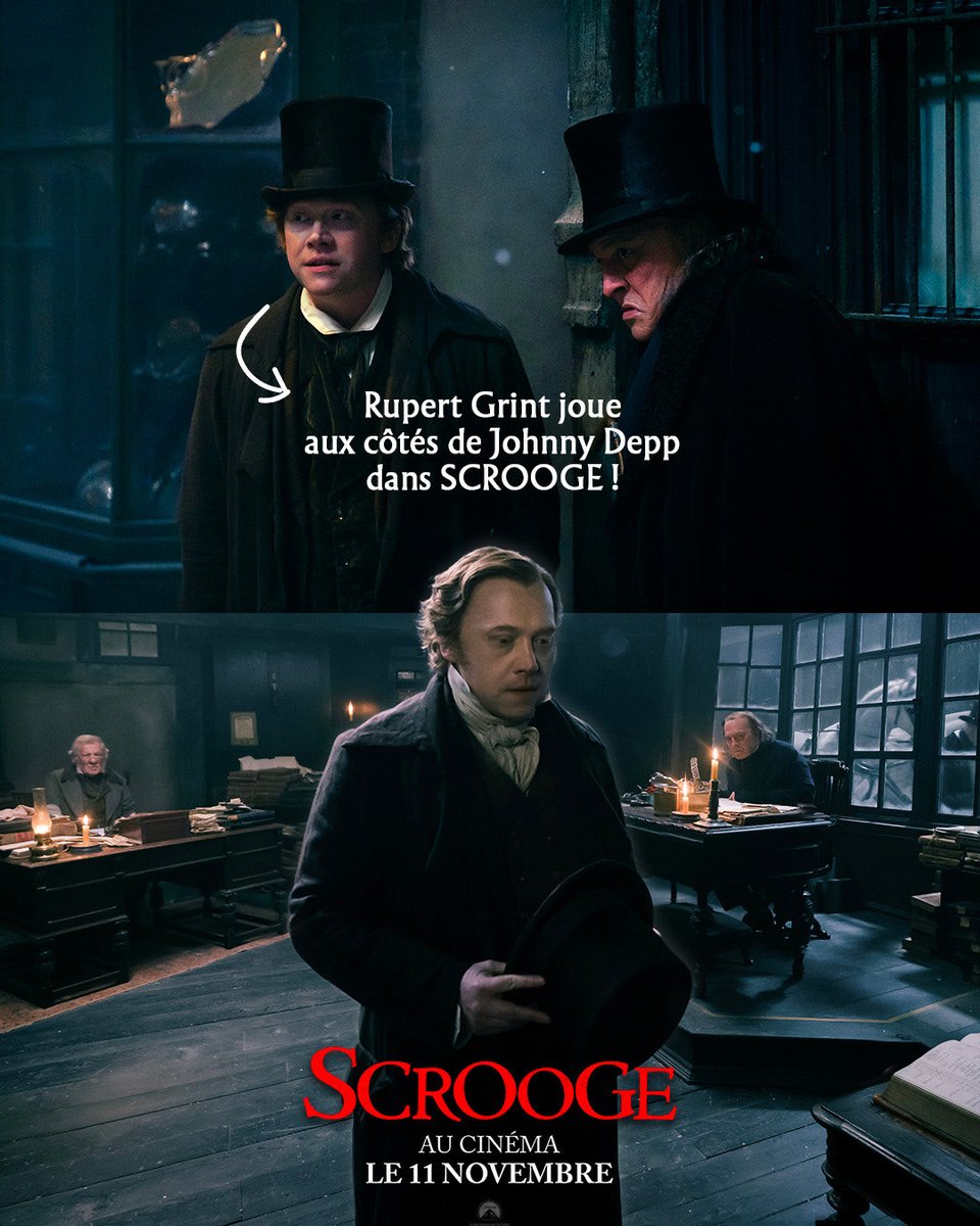 paramountfr's tweet photo. Rupert Grint est de retour dans un univers fantastique ! ✨🎩 Il incarne Bob Cratchit, un employé loyal à son (terrible) patron : Scrooge ! #ScroogeLeFilm au cinéma le 11 novembre. https://t.co/juYu4bBy48