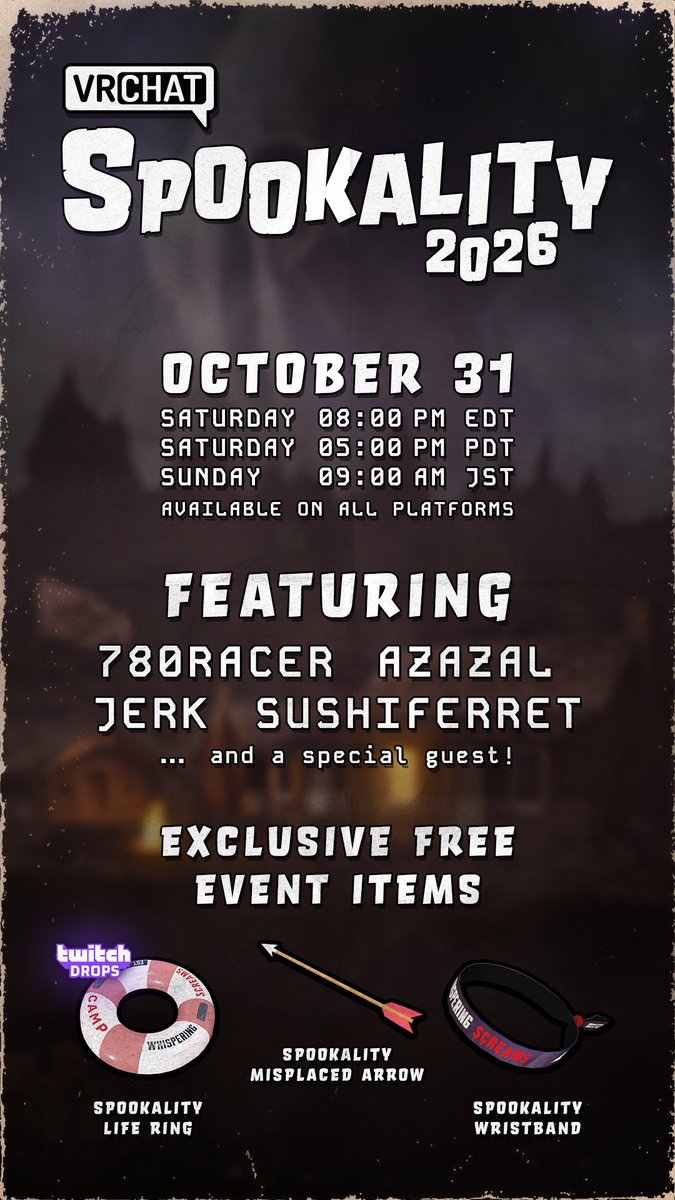 VRChat's tweet photo. Ready to party this Halloween? 

Join us for a special lineup starting at Oct 31 at 5pm PT / 8pm ET and earn ingame rewards (Wristband for showing up, Misplaced Arrow for staying for an hour)!

Also if you missed it, the Life Ring Twitch Drop will be available during the livestream on Twitch during the party. Don't forget to link your accounts!