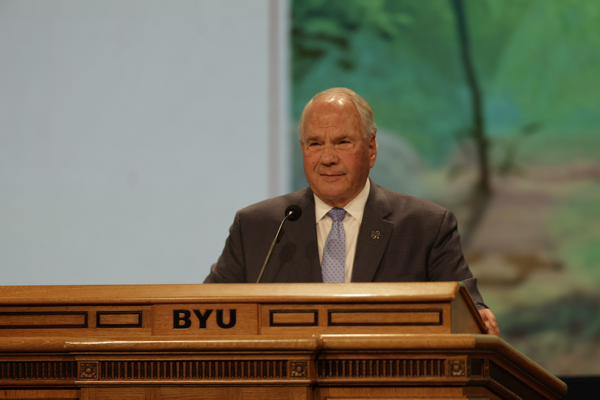 BYU's tweet photo. "Last winter at BYU President Oaks taught, 'God is relentless in His loving pursuit of each of you.' I love the word 'relentless.' It means He never takes a break or pause, in his 'loving pursuit' to bring us home to Him. He asks us to 'keep the commandments and be true to the covenants”  that are found throughout the Book of Mormon.'" 
- Elder Ronald A. Rasband
#BYUDevo