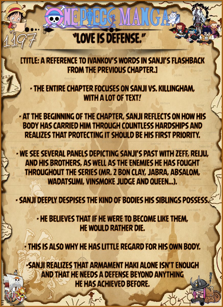 GSPLeaks's tweet photo. BRIEF SUMMARY [#SPOILERS] FOR #ONEPIECE #CHAPTER 1197!

- ONE PIECE CHAPTER 1197:「LOVE IS DEFENSE」

#ONEPIECE1197 #OP1197 #ONEPIECE1197SPOILERS #SANJI #HAKI #ELBAPH #KILLINGHAM #manga #IVANKOV #ONEPIECESPOILERS https://t.co/7LSkydNuL6