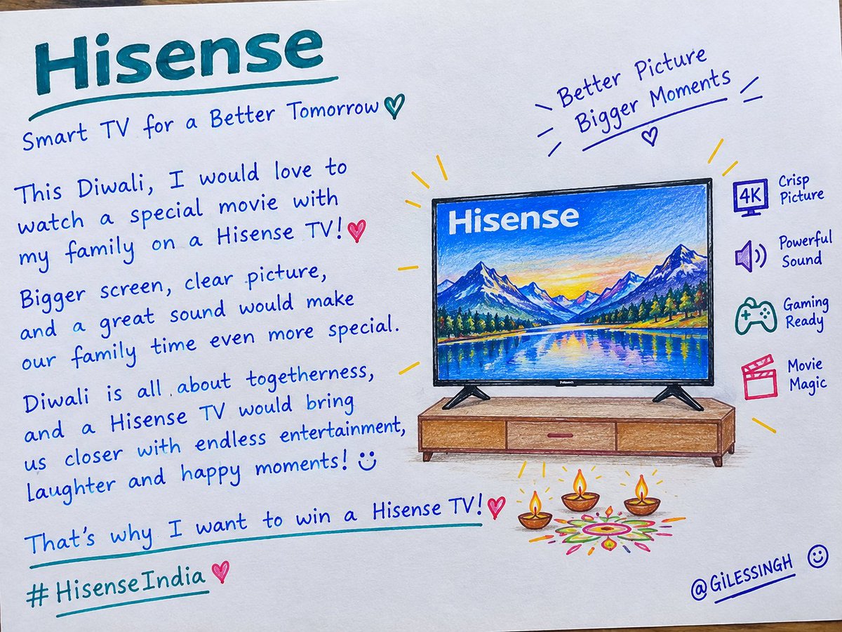 GILESSINGH's tweet photo. @Hisense_IND I playing First, a Diwali special movie with my family! 🪔❤️ A new Hisense TV, amazing picture quality, and everyone together on the sofa would make this Diwali truly unforgettable. 🎬✨ Now that’s the perfect festive upgrade! 📺🎁 #HisenseIndia @Hisense_IND https://t.co/zUk2qtSNN3