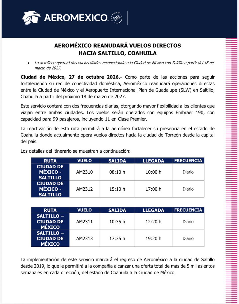 nSaltillo's tweet photo. ✈️ Aeroméxico anunció, mediante un comunicado, la reactivación de la ruta aérea Ciudad de México-Saltillo a partir del próximo 18 de marzo de 2027.

#Saltillo #CDMX https://t.co/iVRgxgLjGj