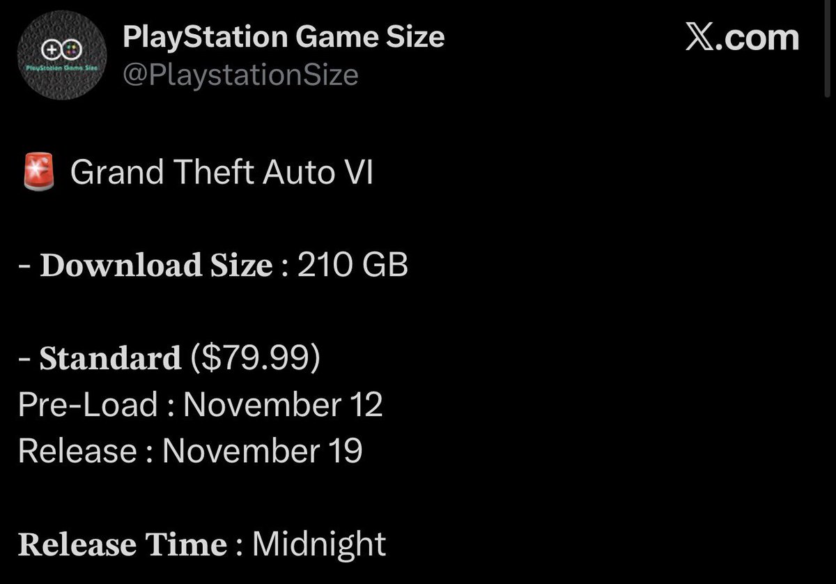 Gamee_tech's tweet photo. حجم لعبة GTA 6 بيكون 210 جيجا.

المصدر هو الحساب المعروف برصد ألعاب بلايستيشن Playstation Game Size 👇🏻 https://t.co/lA4qL0WL9p