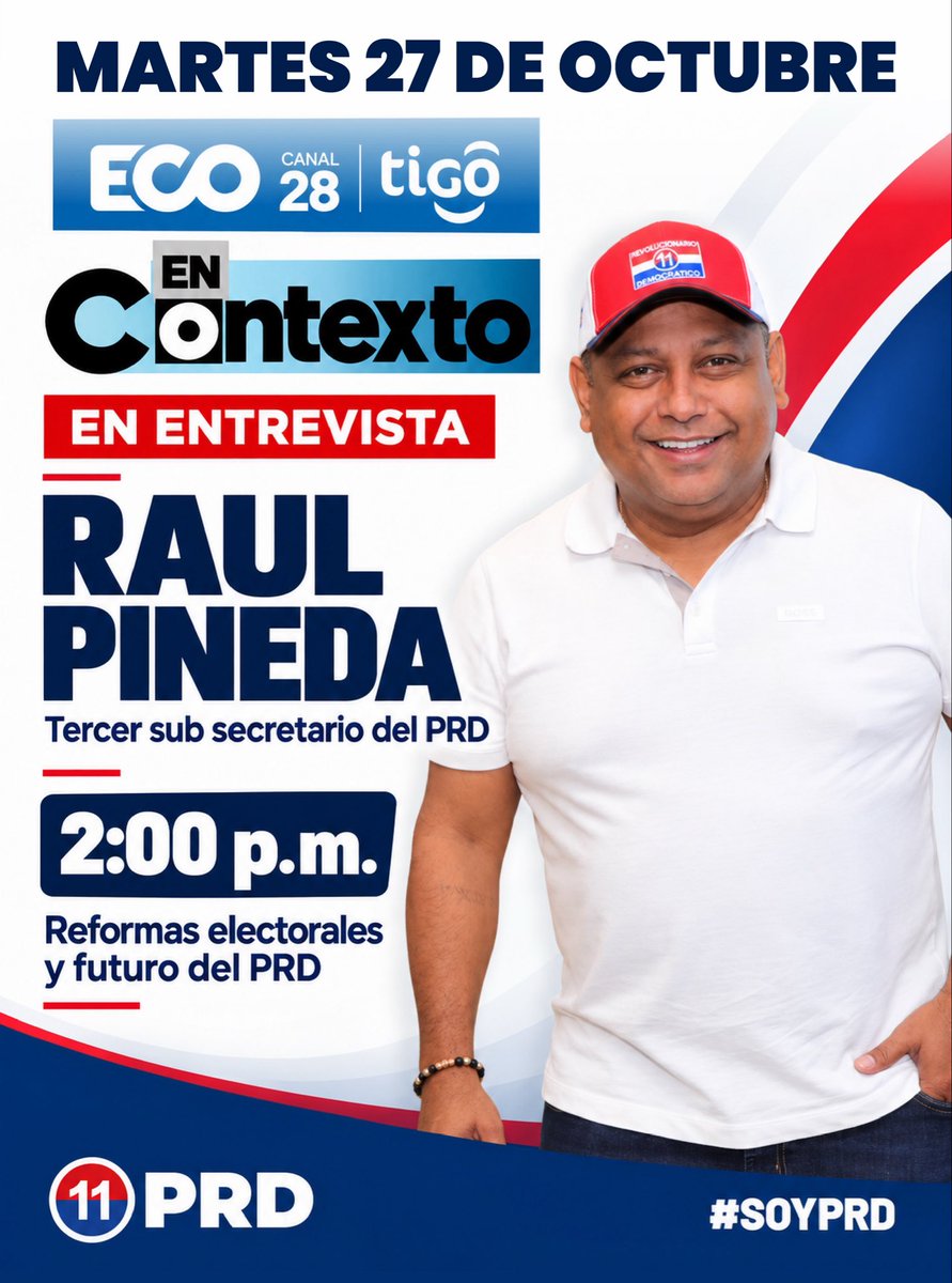 PRDesPanama's tweet photo. 📺 Hoy, a las 2:00 p. m., nuestro tercer subsecretario, Raúl Pineda, estará en En Contexto, por ECO TV, canal 28.

¡Sintoniza la entrevista!
@raulpinedav https://t.co/sKFJAc0OD4