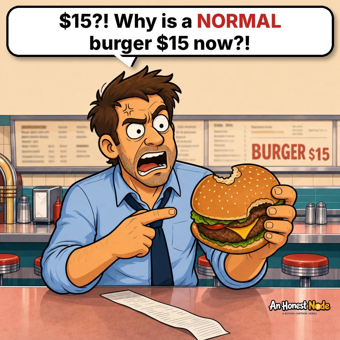 AnHonestNode's tweet photo. Same burger. Same cow. 7X more dollars. 🍔

US M2 money supply: ~$3.2T (1990) → ~$23T (2026) https://t.co/5S0VeSTE6Z