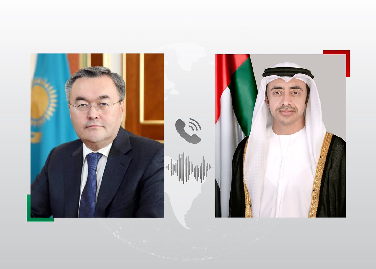 OFMUAE's tweet photo. Абдулла бен Заид Әл Нахаян мен Қазақстан Республикасының Сыртқы істер министрі @MBTileuberdi телефон арқылы сөйлесіп, 🇦🇪 мен 🇰🇿 арасындағы екіжақты қарым-қатынастарды және екі елдің даму басымдықтарын қолдауға бағытталған барлық салалардағы өзара
ынтымақтастықты кеңейту мүмкіндіктерін талқылады. 
Сондай-ақ тараптар өңірлік және халықаралық күн тәртібіндегі соңғы жаңалықтар жөнінде пікір алмасты.