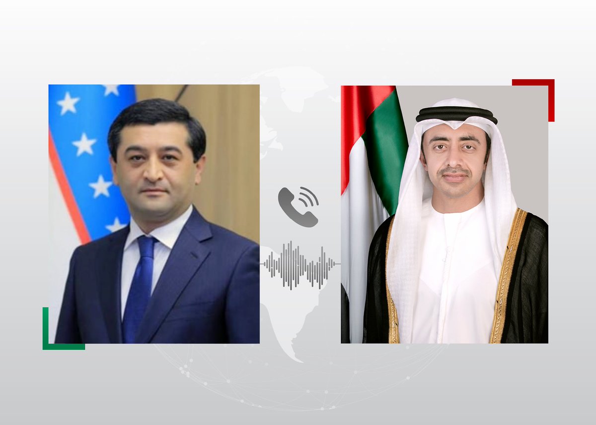 OFMUAE's tweet photo. عبدالله بن زايد ومعالي بختيار سعيدوف، وزير خارجية جمهورية أوزبكستان، يبحثان هاتفياً سبل توسيع آفاق التعاون بين 🇦🇪و🇺🇿، إلى جانب تبادل وجهات النظر بشأن المستجدات الإقليمية والدولية الراهنة. https://t.co/2TTNlQkMjl