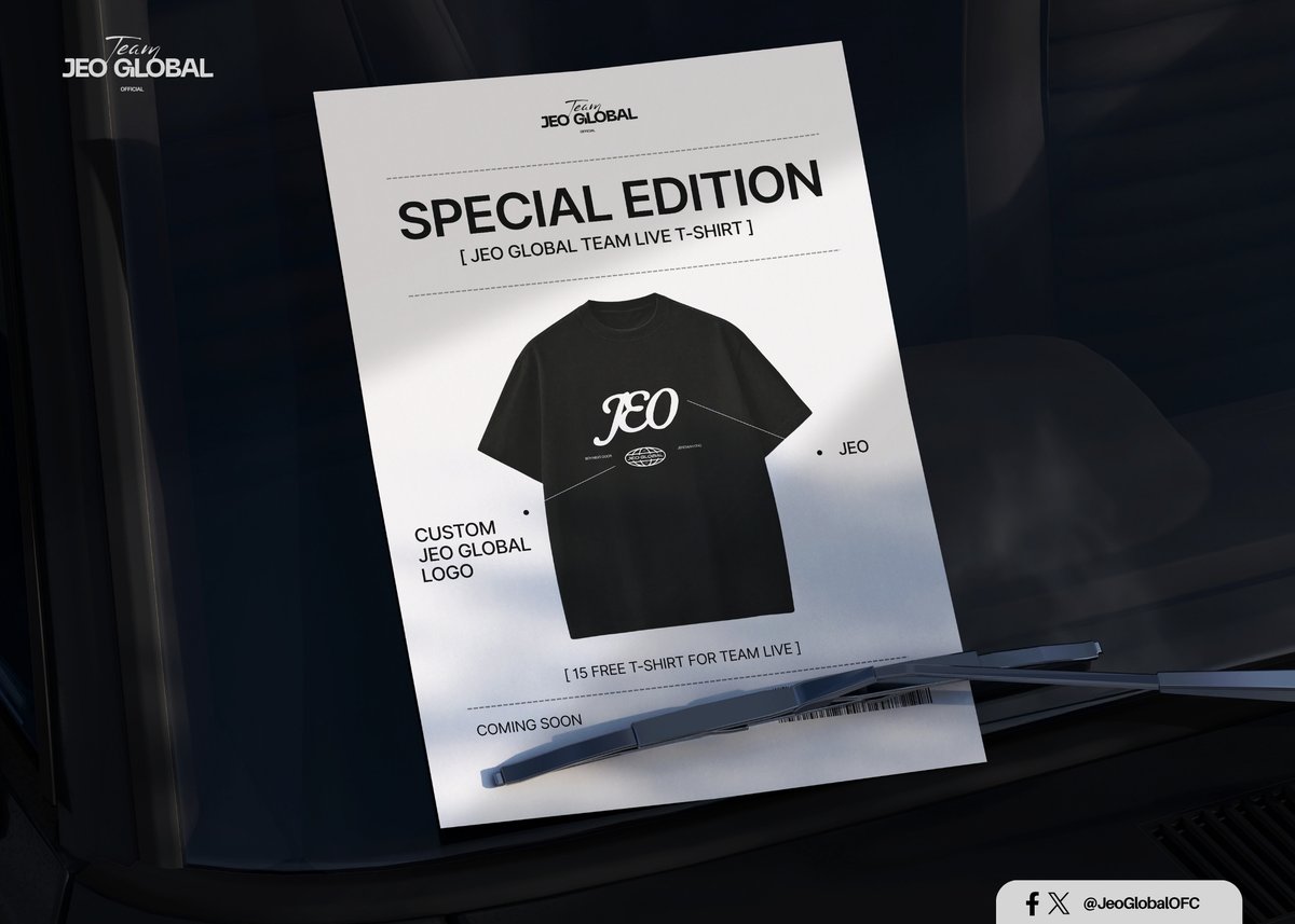 JeoGlobalOFC's tweet photo. Something special is coming, Team Live! 👀

Designed with love and made to represent the Jeo Global team live spirit, this exclusive piece is for everyone who proudly stands together as one team. Because wherever we go, we carry the name, the pride, and the love we share for Jeo. 🫶

More importantly, this shirt is NOT FOR SALE!! We would like to extend our gratitude to our generous donor @AlivioAlmira for sponsoring 15 pcs of shirt for team live!

Stay tuned, Team. This is just the beginning🖤

JEO MARTESTIC STORY
#JeoOng