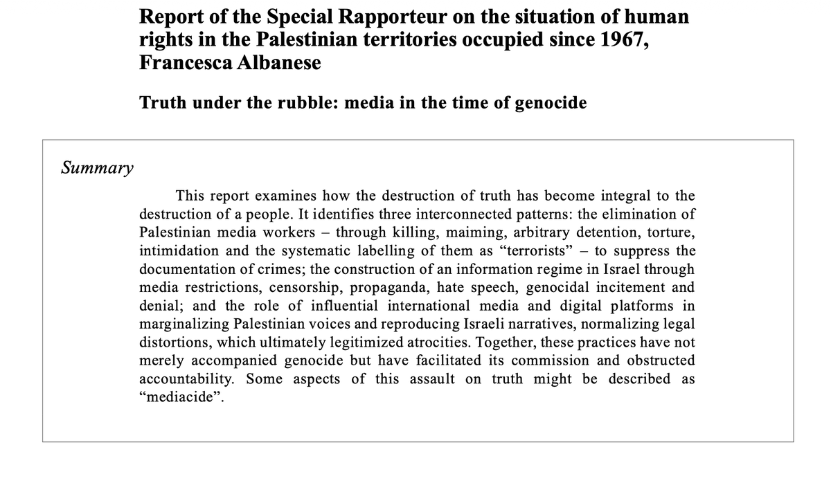 declassifiedUK's tweet photo. ‼️A new UN report exposes how influential international media outlets distorted public understanding of Israel’s conduct, facilitated genocide, and obstructed accountability.

Its key recommendation is simple: Media organisations must stop laundering propaganda through the journalistic form.

Read the report here:  https://t.co/LrBjLLPR5p