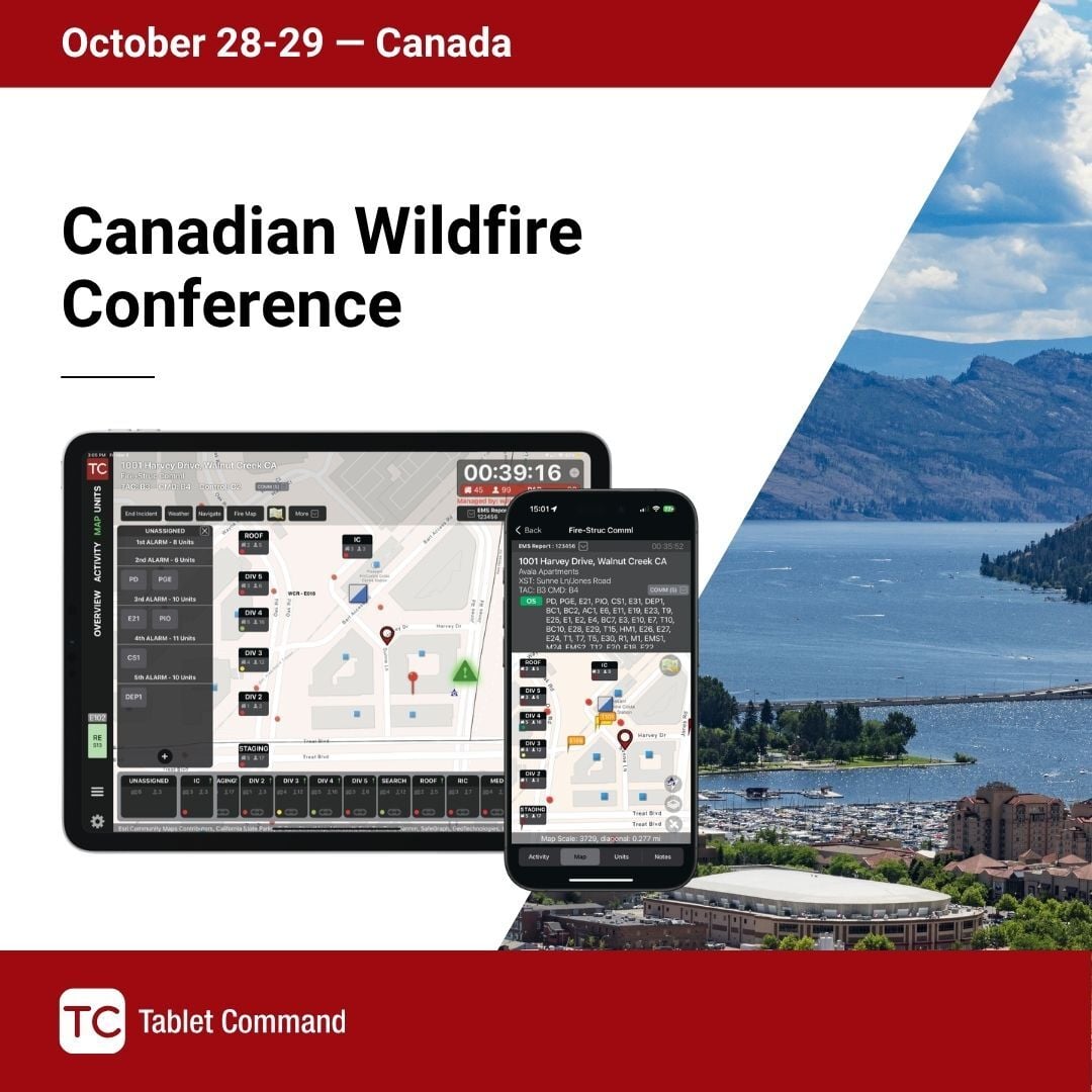TabletCommand's tweet photo. Curious about Tablet Command and how it can help improve situational awareness, streamline communication, and support incident management? Come talk with us! 

We’ll be at the Canadian Wildfire Conference, and we'd love to connect!

#TabletCommand https://t.co/CNfDe0lC1o