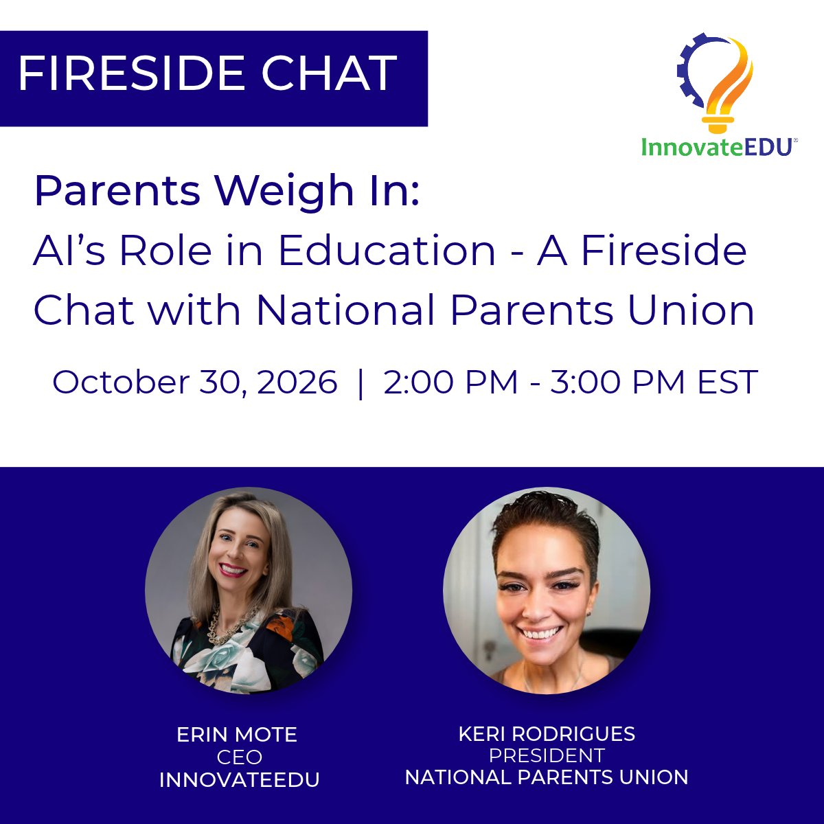 EdPwrOrg's tweet photo. Discover what parents really think about AI &amp; screens in schools:

@innovateEDUny CEO @erinmote and @NationalParents Pres. &amp; Co-founder @radiokeri are hosting a live fireside chat on Oct 30th.

Register today at the link in the comments! https://t.co/jpZkoKIFuc