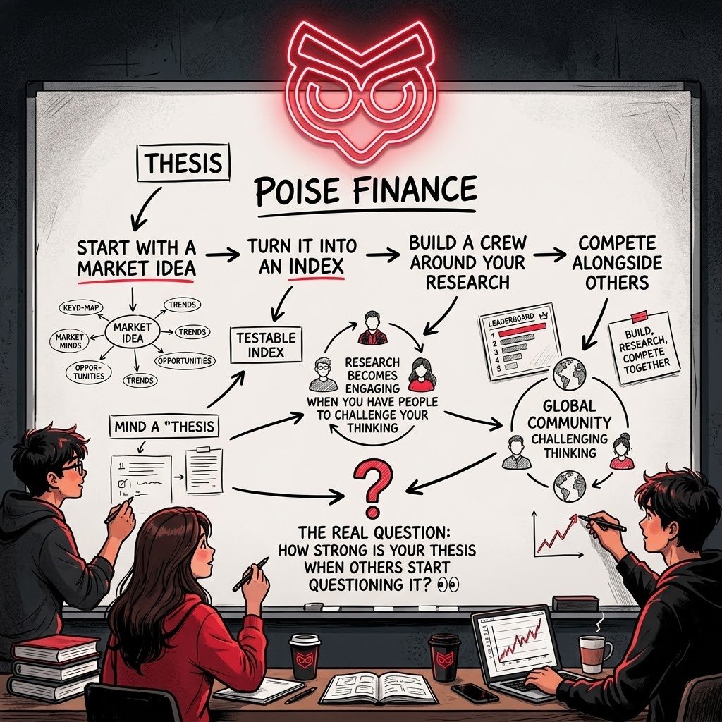 shafi_8056's tweet photo. every crypto researcher has a thesis

but what happens when u turn that thesis into something u can actually test?

that's the interesting part of @PoiseFinance

→ start with a market idea
→ turn it into an index
→ build a crew around your research
→ compete alongside others

research becomes more engaging when u have people to challenge ur thinking

the real question: how strong is your thesis when others start questioning it? 👀