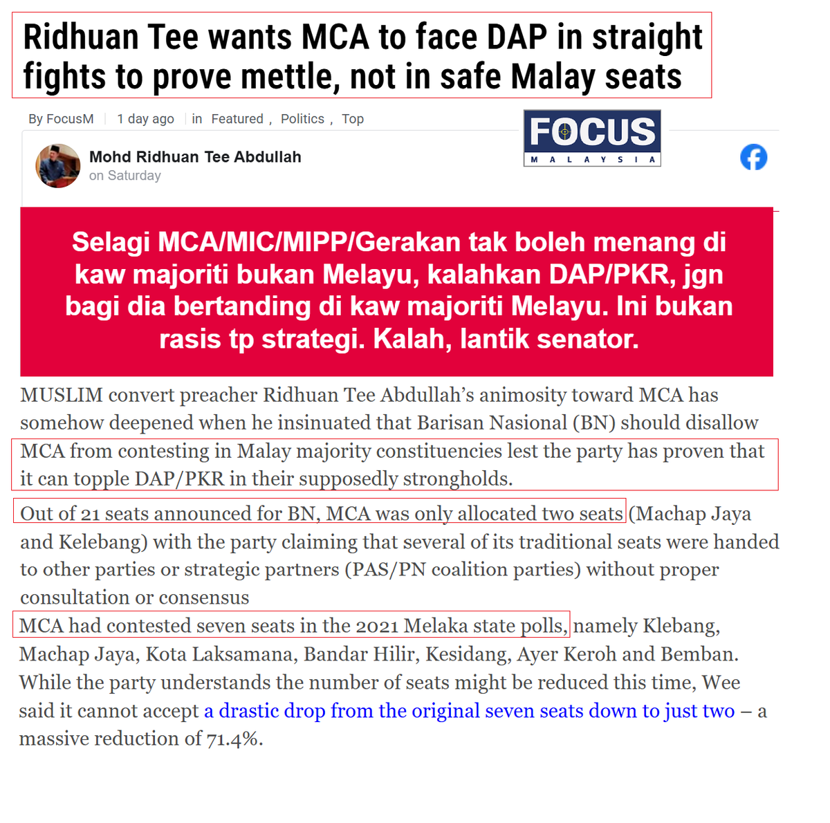jameschin110's tweet photo. RTA says MCA should only contest in Chinese-seats and directly against DAP. 
He claims previous MCA victories are due to Malay votes, ie. UMNO votes. In other words, the "C" in MCA is only for show since it is the Malays securing MCA's win. MCA does not represent the Chinese. Ouch!

What do you think?

https://t.co/T6w8JV51x5

# #PRNMelaka #Malaysia #Chinese #Politics