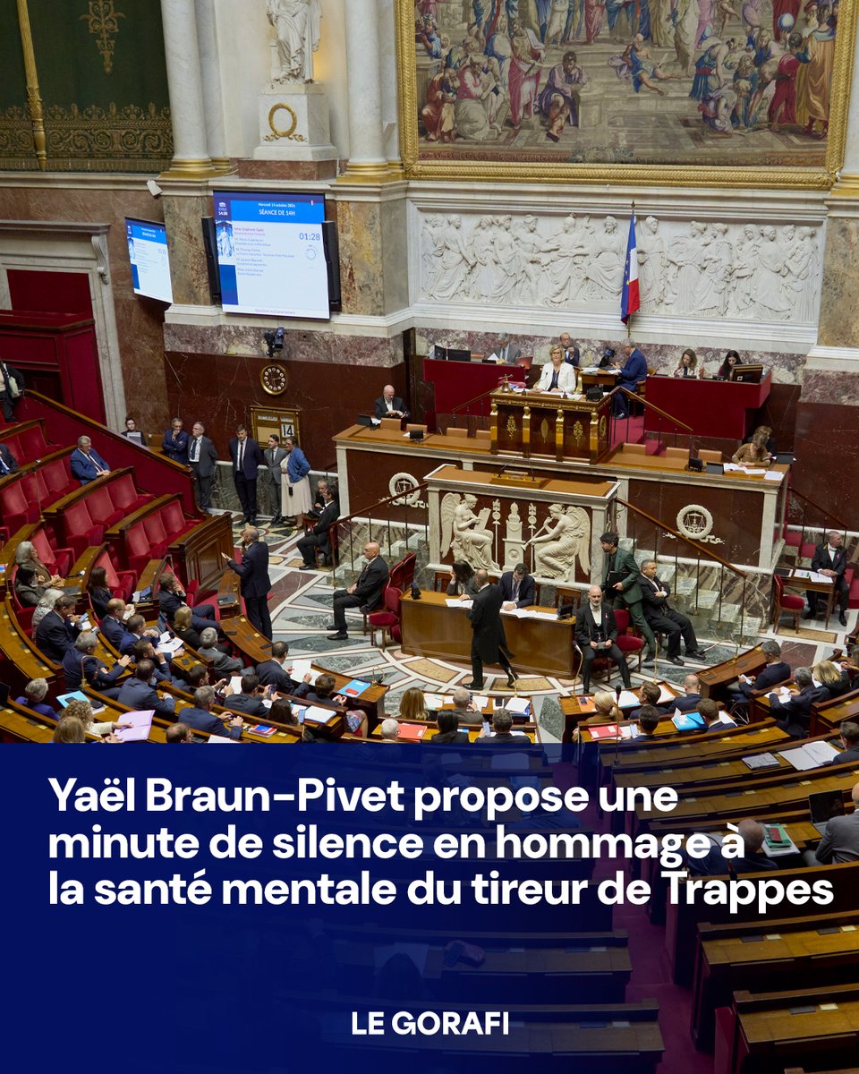 le_gorafi's tweet photo. Yaël Braun-Pivet propose une minute de silence en hommage à la santé mentale du tireur de Trappes https://t.co/V4KzG4Dfz5