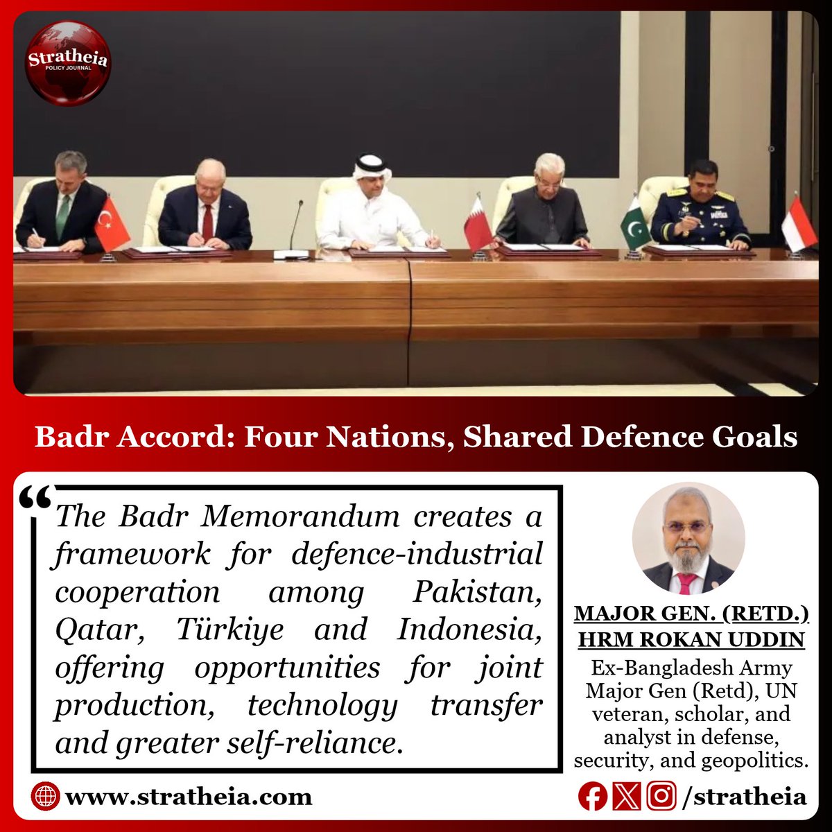 stratheia's tweet photo. Pakistan, Qatar, Türkiye and Indonesia’s Badr defence cooperation framework highlights a growing emphasis on joint production, technical training and research. Its long-term significance will depend on practical projects and measurable results.
#BadrMoU #Pakistan #DefenceCooperation
Read Full Article: https://t.co/NO2fu7vYAU