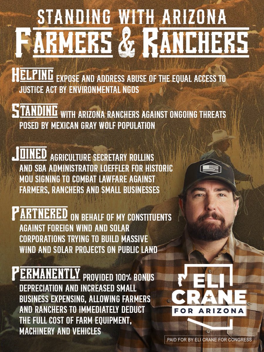 EliCraneAZ's tweet photo. Democrats and their NGO industrial complex make a living off of attacking our farmers and ranchers. 

I fight FOR our farmers and ranchers. #AZ02 💪 https://t.co/UVH2NgXHfs