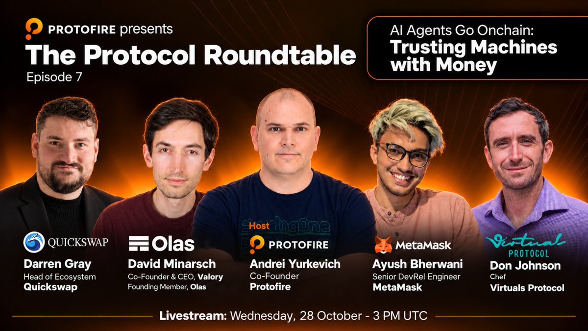 protofire's tweet photo. AI agents are getting wallets. Are we ready to trust them with money?

Tomorrow on The Protocol Roundtable:

• Darren Gray, Head of Ecosystem, @QuickswapDEX 
• David Minarsch, Founding Member, @autonolas, Co-Founder & CEO, @valoryag 
• Ayush Bherwani, Senior DevRel Engineer, @MetaMask 
• Don Johnson, Chef, @virtuals_io 

Hosted by Andrei Yurkevich, Co-Founder, @protofire 

Keys, x402, spending limits & who pays when agents get it wrong.

🗓 Wed 28 Oct, 3 PM UTC