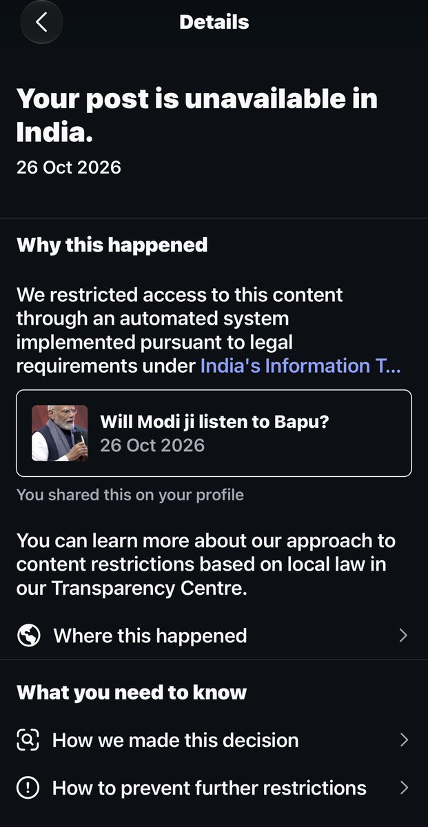 TheDeshBhakt's tweet photo. A paranoid Modi Govt has gone berserk on @instagram - any content that is slightly critical of the Supreme Leader is being taken down. Even JOKES are not being spared💀
Why is the ‘most popular PM in the world’ so worried about what’s happening on Insta? Didn’t Modi say that we need more satire and humour in our lives?😖
As the narrative slips and the lies come out - expect more accounts to be censored / banned / blocked.   @Meta not saying saying why the content got blocked - just that they are following local regulations 😬🥸