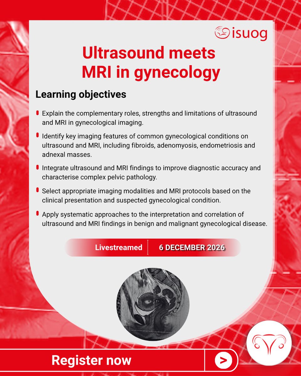 ISUOG's tweet photo. 🚨 New course announcement: 'Ultrasound meets MRI in gynecology' led by A/Prof. Ligita Jokubkiene and Dr Gabor Szabó.

🗓️ 6 December 2026
📍Online (livestream) 
🥼 Suitable for obstetricians, gynecologists, gynecological oncologists, radiologists, sonographers

Register now: https://t.co/ur3XSSkfAs