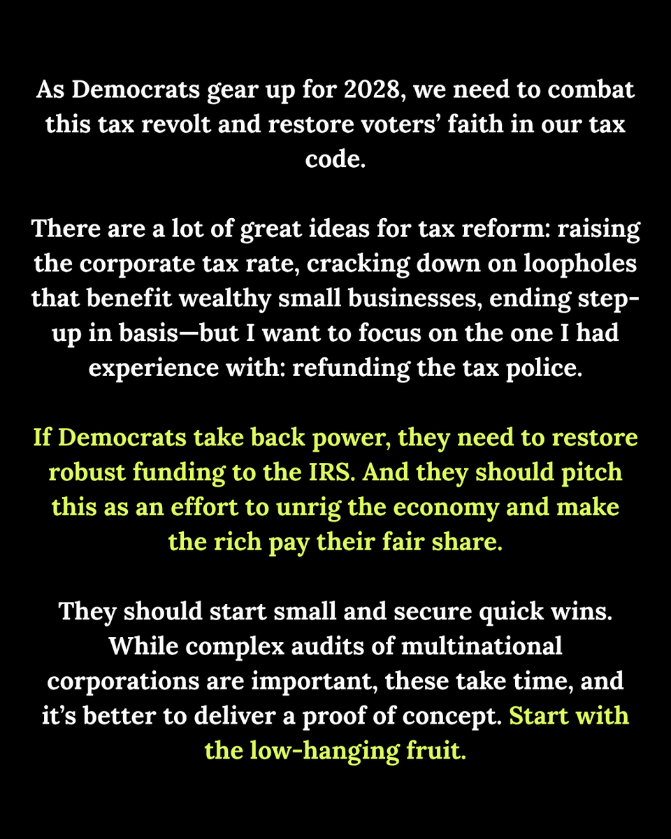 SearchlightInst's tweet photo. Most Americans contribute their fair share. They aren't frustrated by the fact that they have to pay taxes, they just think that other people are gaming the system.

That's why @AshleySchapitl thinks that Democrats need to re-fund the tax police. https://t.co/i1EfH7TgGs