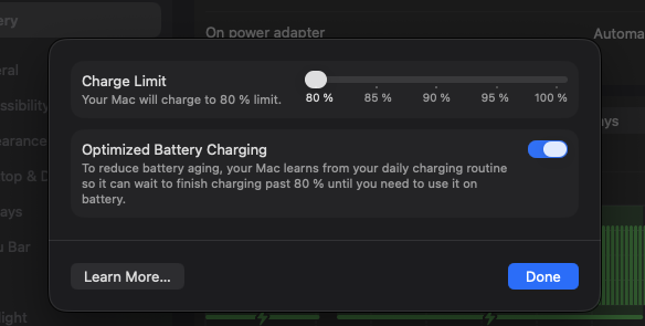 derccl's tweet photo. @ccodyy69 Nope, it wont drain the battery if plugged in - that works for at least Apple products. 

Just put charge limit to 80% (do that also on your phone) in the long term that battery will last you longer https://t.co/ddBdcWTjPn