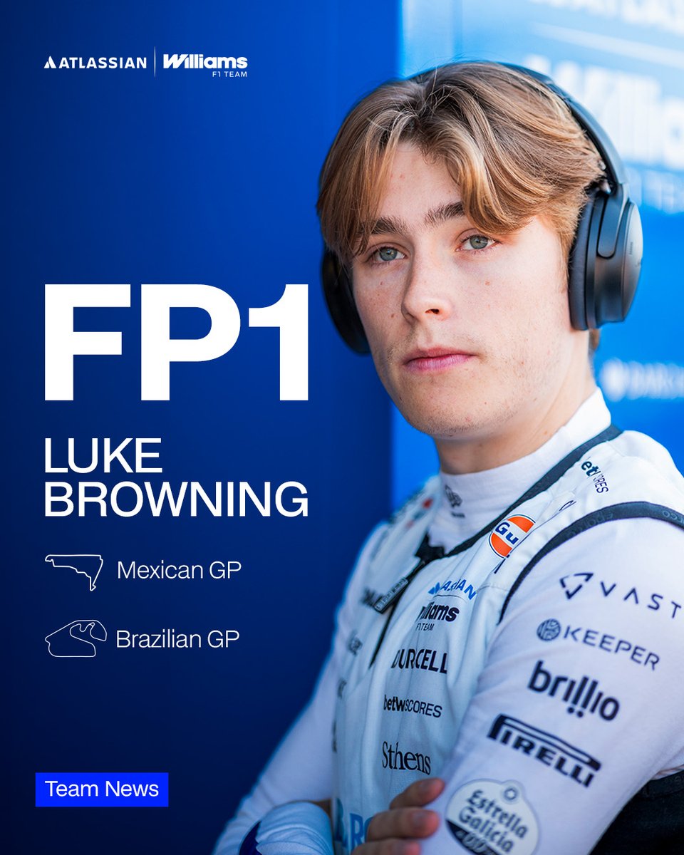 WilliamsRacing's tweet photo. Luke will drive in FP1 in Brazil and Mexico ✅

Our reserve driver is set to complete the team's final two mandated rookie FP1 sessions, driving Alex Albon’s FW48 in Mexico and Carlos Sainz’s car in Brazil. Tap the link here to find out more: https://t.co/DX31IEZlIT 🔗 https://t.co/1gQ8OYxMs0