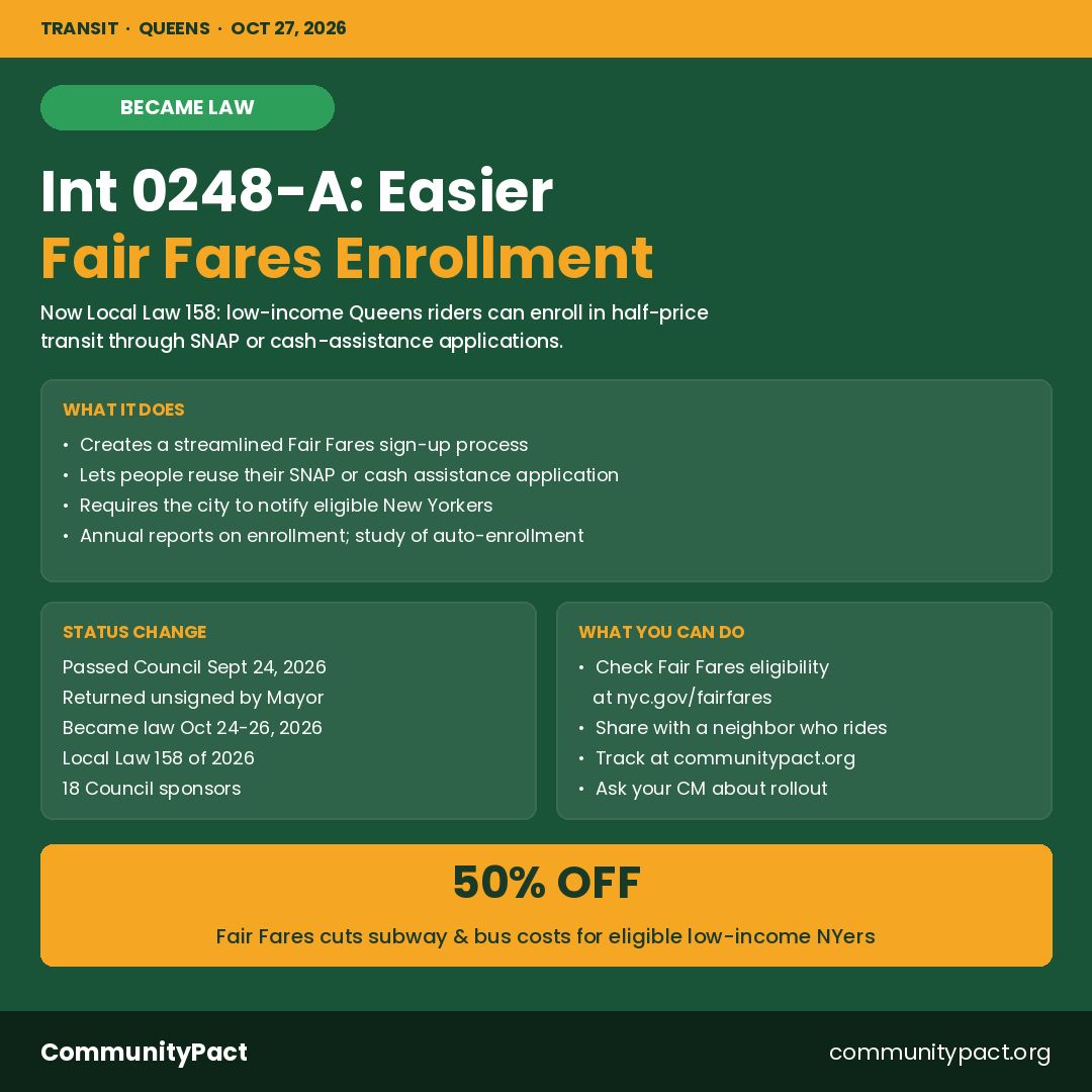 CommunityPACT's tweet photo. NEW LAW: Int 0248-A is now Local Law 158. It makes signing up for Fair Fares half-price transit easier for low-income Queens riders, using your SNAP or cash assistance application. Became law Oct 24 after the Mayor returned it unsigned. 🧵 https://t.co/xiht60hpvp