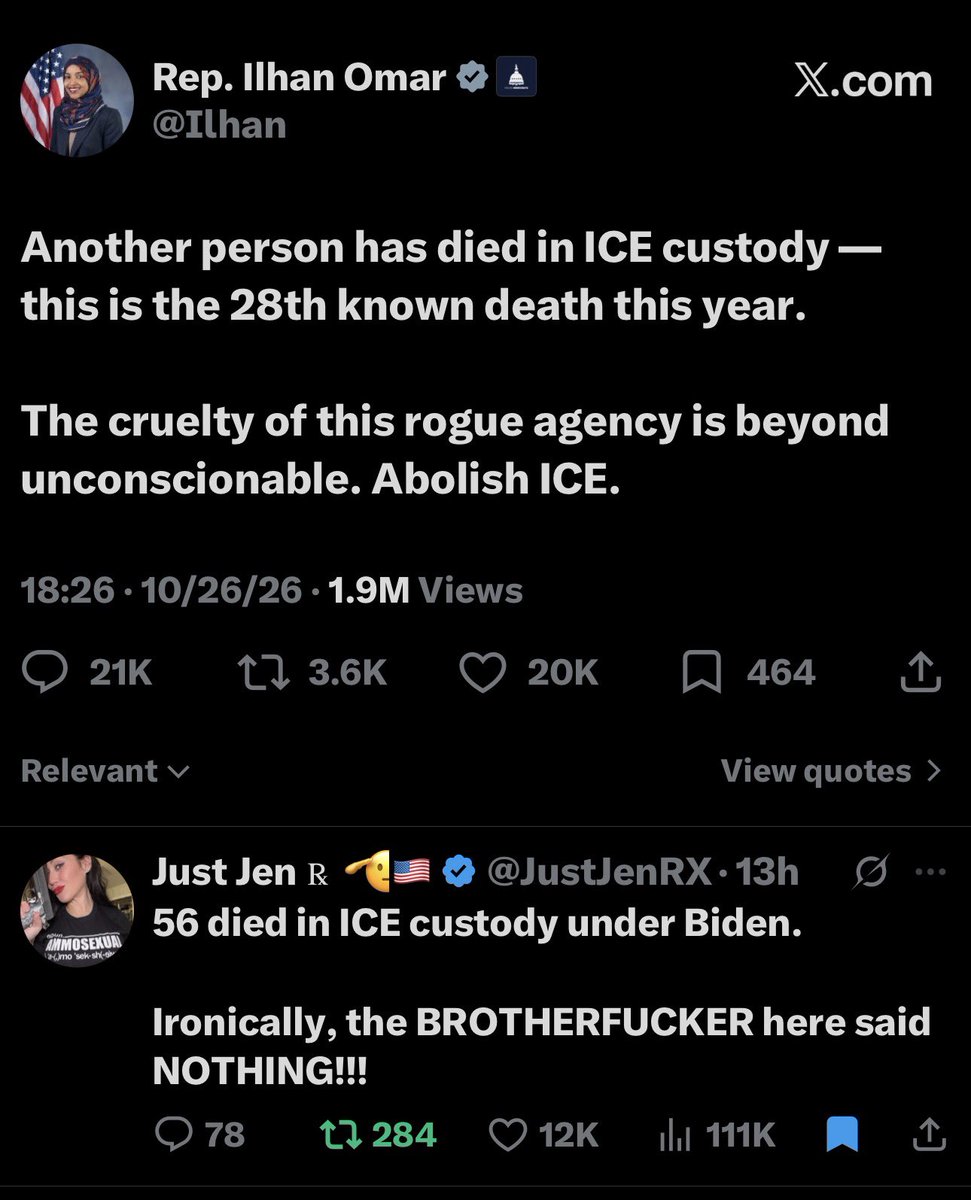 JustJenRX's tweet photo. Did you know @Ilhan, or whatever her name is, @IlhanMN doesn’t include the FACTS here that the 28th person to die while being LAWFULLY detained by ICE had died due to suicide? 

Perhaps she wants to dissolve ICE for personal reasons. Like ICE being the lone agency that could lawfully detain her pending her own soon-to-be deportation case!!! 

Your time here is coming to an end, ain’t that right, BROTHERFUCKER???
