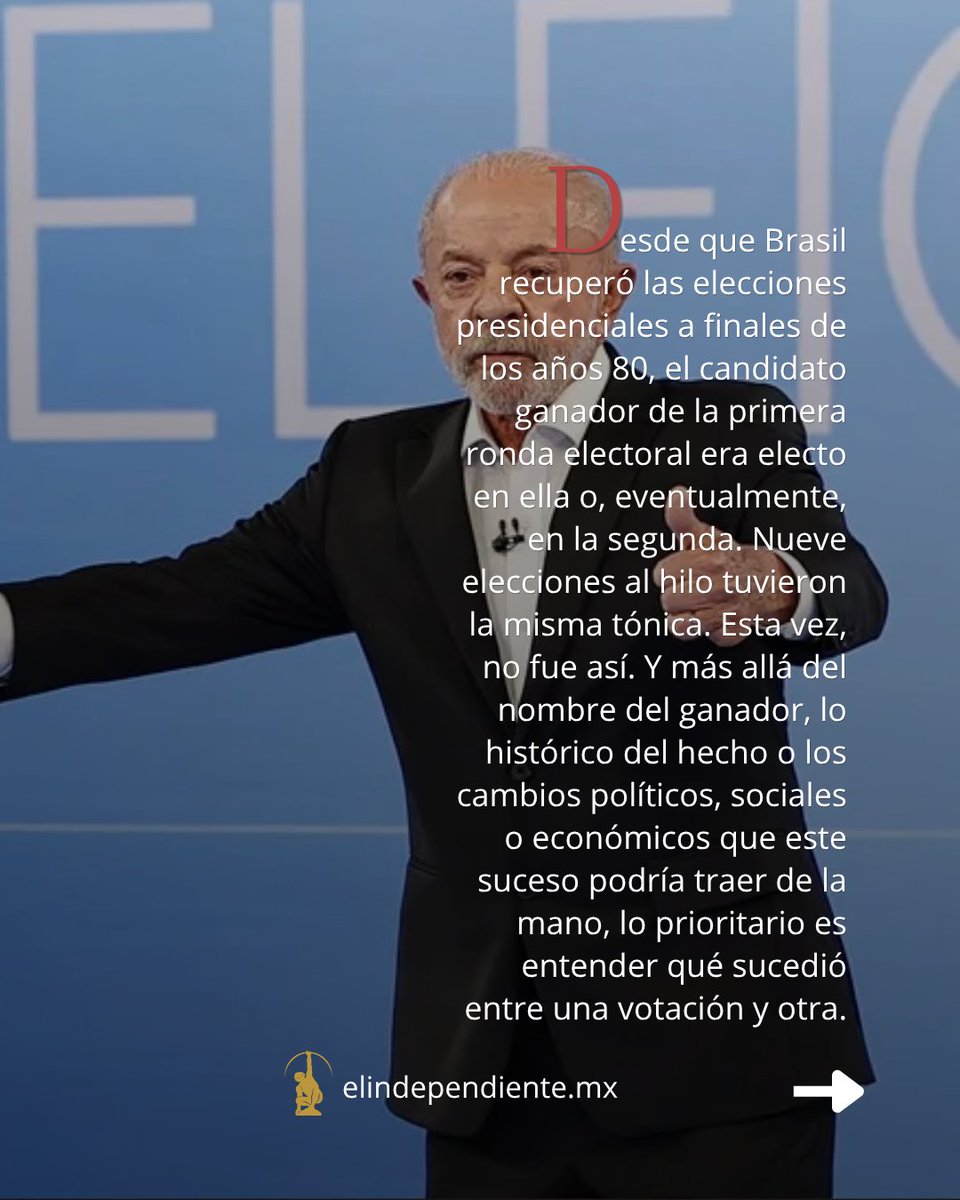 ElIndpendiente's tweet photo. #AgendaDePoder
El 4 de octubre, para sorpresa de todos, Flávio Bolsonaro fue el candidato presidencial más votado en Brasil. Veintiún días después, Luiz Inácio Lula da Silva, en una nueva sorpresa, fue ahora quien más sufragios obtuvo en aquella nación. Una ventaja de más de dos millones de votos terminó convertida en una derrota por más de cuatro millones apenas tres semanas después.
La #Opinión de @betoblizzard en El Independiente Mx
https://t.co/hoc0leGV3f