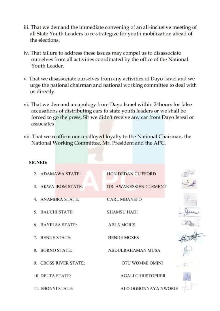 tunmishe_'s tweet photo. I just came across a communiqué in which the APC Youth Leaders from the 36 states and the FCT reportedly passed a vote of no confidence on Dayo Israel Tobechukwu. https://t.co/wbcimWSPM8
