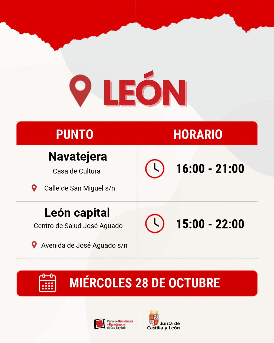 donasangreCYL's tweet photo. 🚨 Antes del puente, necesitamos reforzar las reservas de sangre y plasma.

Los hospitales siguen necesitando transfusiones también en los días festivos. Por eso, este miércoles 28 de octubre celebramos un Maratón de Donación en Castilla y León.

#DonaSangreCyL #YoDonoSangre https://t.co/RKyHqrQfLk