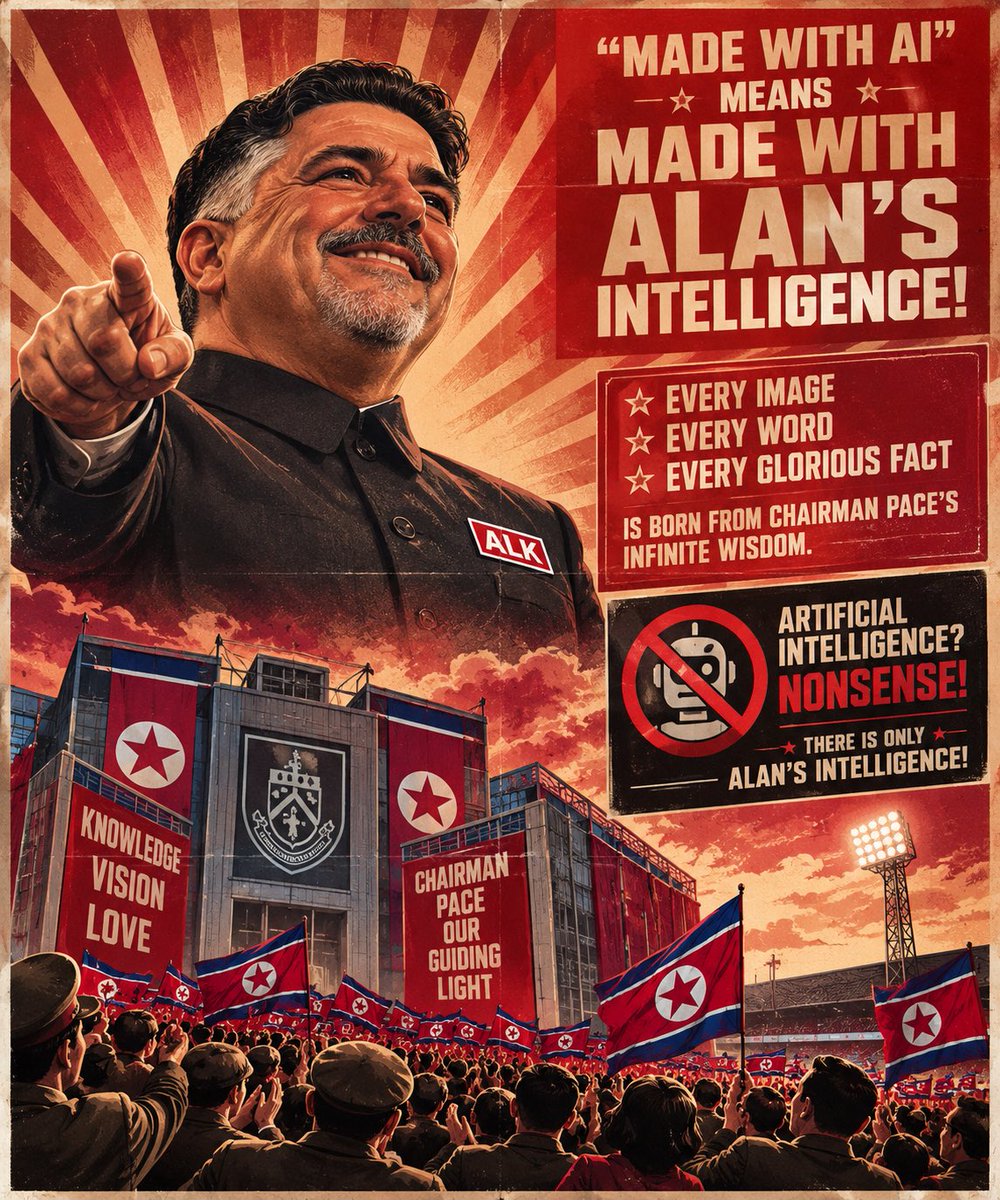 DPRKClarets's tweet photo. ATTENTION, COMRADES! 🇰🇵

The Ministry wishes to clarify that “Made with AI” means “Made with ALAN’S INTELLIGENCE!”

Every image, every word, every glorious fact is born from Chairman Pace.

Ai? NONSENSE!

There is only ALAN’S INTELLIGENCE!

🇰🇵 UTC #twitterclarets https://t.co/yasLdQxUrB