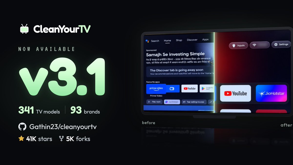 gathint's tweet photo. CleanYourTV v3.1 is out 📺

What's new:
• Samsung, LG and Roku owners get a fix too
• 41 new TVs, 7 new brands
• TV Inspector: see what every remote button sends
• 5 more add-ons, from Bluetooth to a news screensaver

323 PRs merged from 176 contributors since v3.0 🙏🏻 https://t.co/xScx5tTyUm