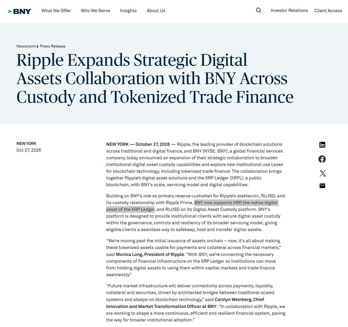 ChadSteingraber's tweet photo. The BNY Mellon announcement specifically states they "...now supports XRP, the native digital asset of the XRP Ledger."

😎 https://t.co/entcOpRE6f