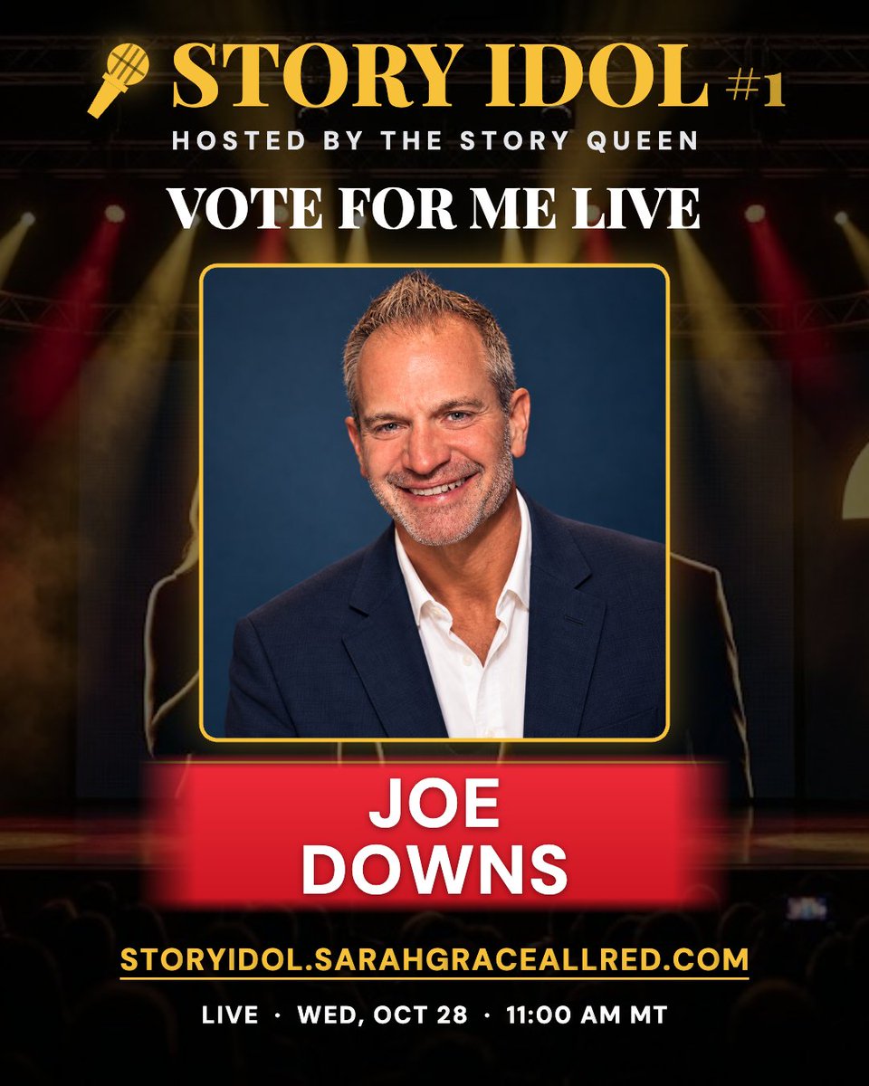 downsjoe's tweet photo. Entrepreneurship gives you plenty of stories. Telling one well, in just three minutes is a challenge of its own.

I’ve signed up to compete in Story Idol with Sarah Grace Allred, and I’d love your support.

Part of growing is being willing to put yourself out there, get feedback, and learn in front of other people. This is an opportunity to do exactly that.

Join me Wednesday, October 28, at 1 PM Eastern.

You can attend virtually for free, hear the contestants’ stories, and help choose the People’s Choice winner. Come listen and if my story connects with you, I’d appreciate your vote.

Reserve your audience seat:
https://t.co/8XrW47YTlh
