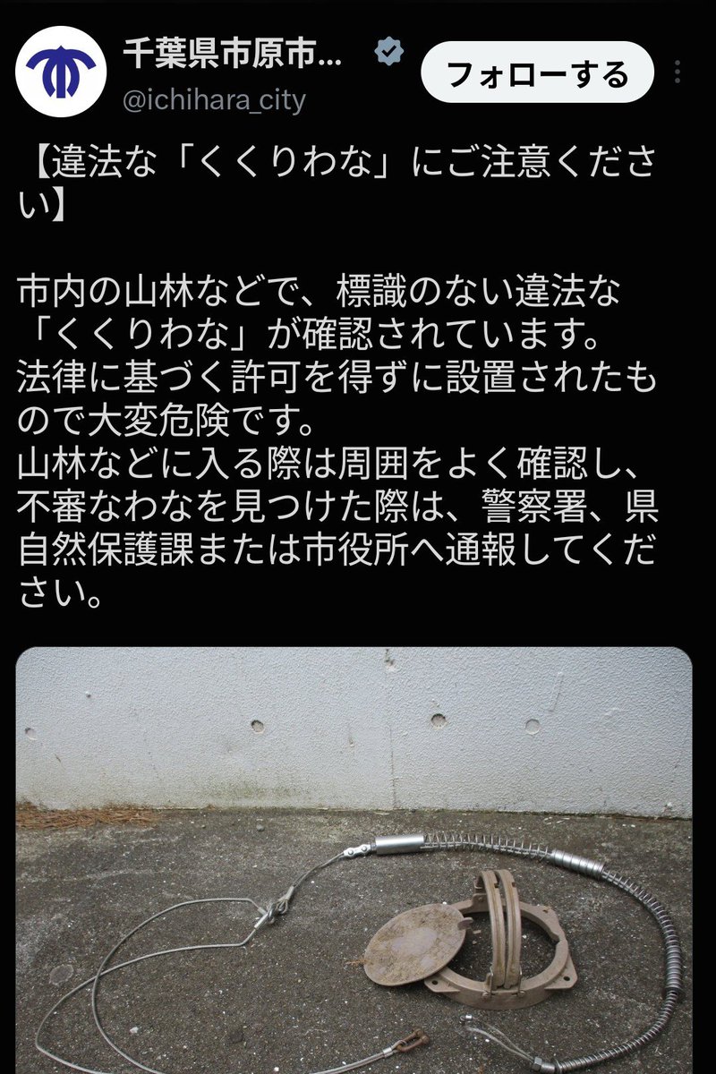 MamoruTakazawa's tweet photo. やはり千葉県市原市に同じくくり罠が出てますね。今年の5月。

他にもかなりの数が出ていて回収してるらしい。

このベトナム人が市原市にいて仕掛けている可能性。もしくは販売しているので購入した人間の可能性もありますが。

市原警察には連絡しました。

しかし現状は現行犯でないと…との話。

この国の法は何だ。
