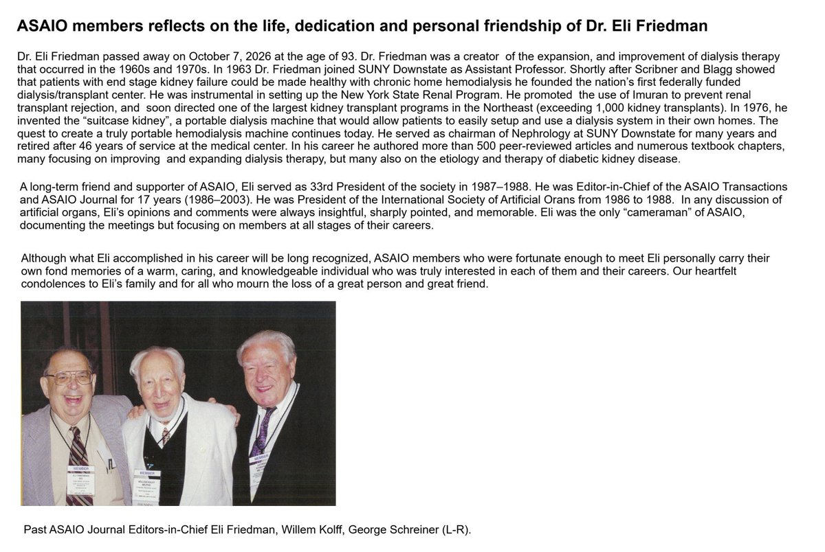 asaiojournal's tweet photo. ASAIO mourns Dr. Eli Friedman, the Society’s 33rd President (1987–1988) and Editor-in-Chief of ASAIO Transactions and ASAIO Journal for 17 years (1986–2003). His leadership and dedication to ASAIO and the artificial organs community leave a lasting legacy.

#ASAIOJ #Nephrology https://t.co/X98bGSly6x