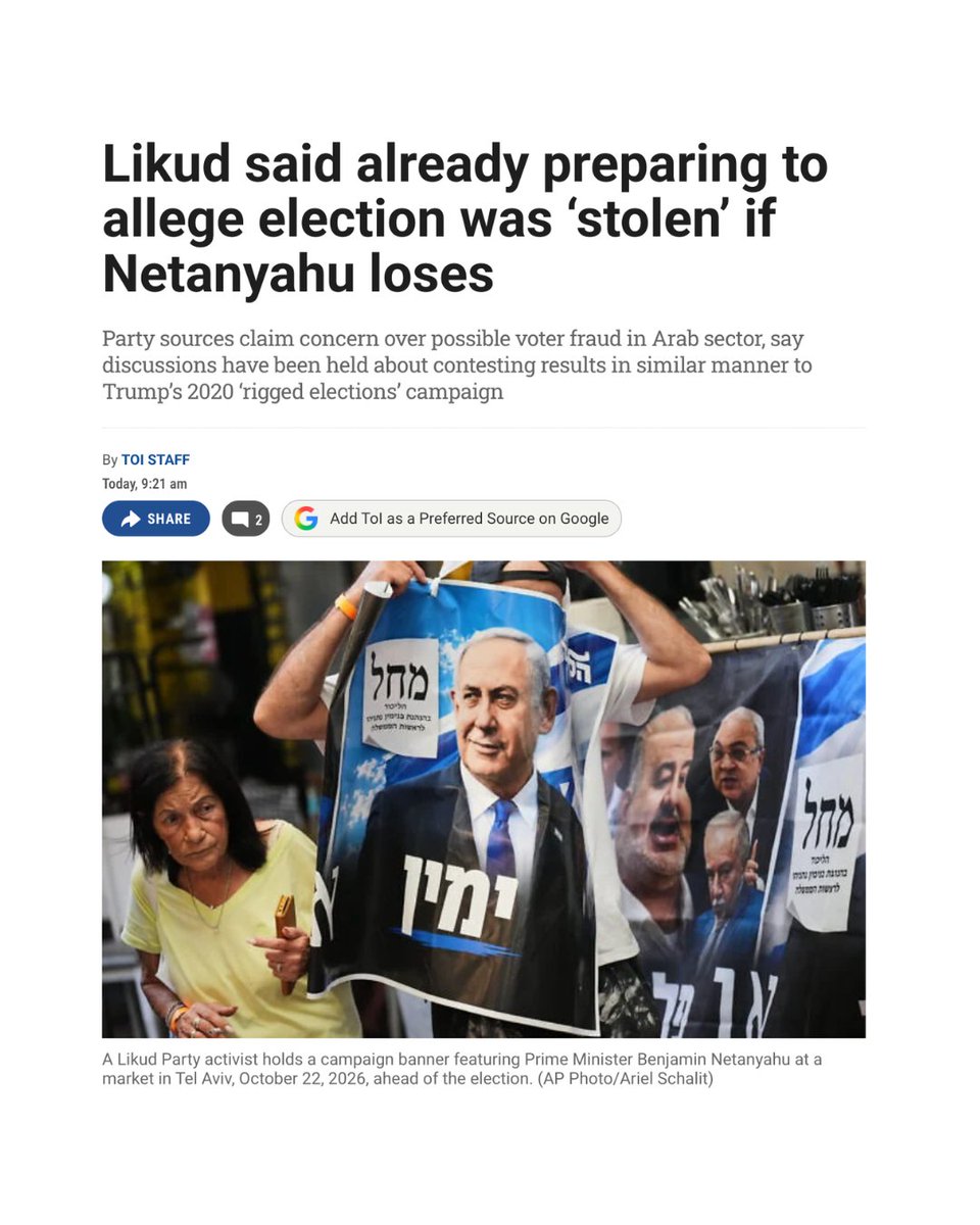 ianbremmer's tweet photo. voter turnout in israel at highest by midday since 1977

normally a good thing. for netanyahu, high arab turnout is an ‘emergency’

(…and an excuse to claim election was stolen, of course) https://t.co/rPJiMlpk62