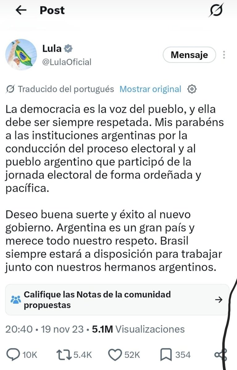 FabianWaldman's tweet photo. Lula no se manifestó cuando Milei ganó".
La respuesta de @AdrianRavier 

La no respuesta de Lula. https://t.co/tqgbkNOZHF